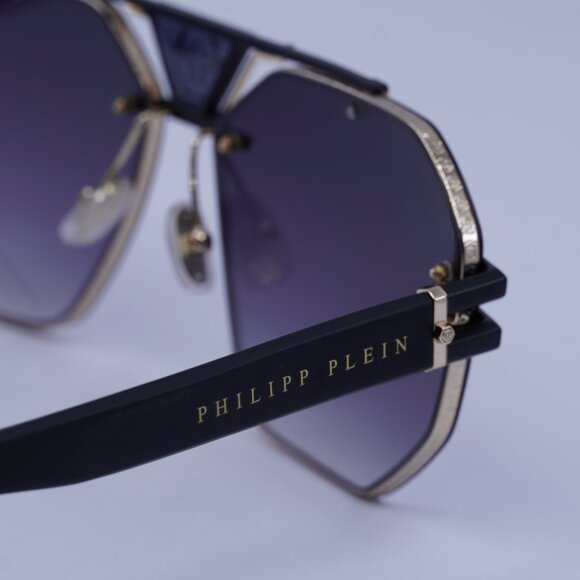 Philipp Plein SPP077M 0302 Sunglasses Black/Gold Aviator Frame, Grey Lenses - Picture 8 of 10